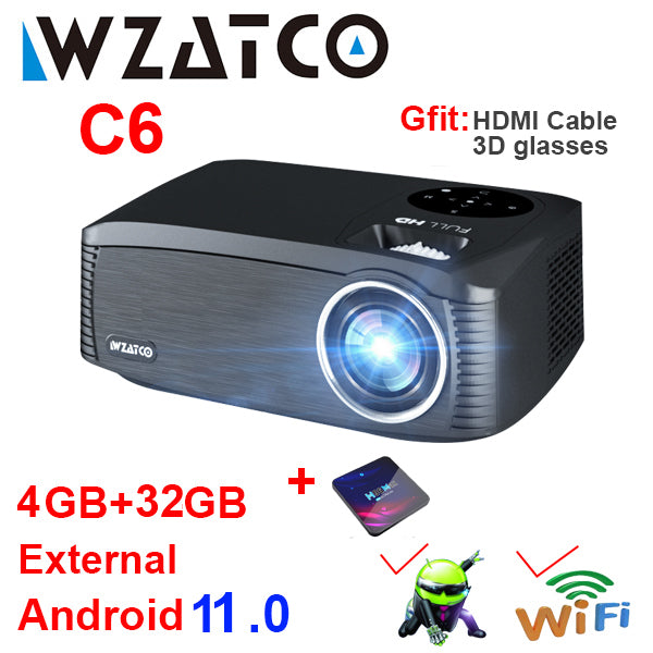 WZATCO C6 LED Projector Android 11.0 WIFI Full HD 1920*1080P 300inch Video Proyector Home Theater Cinema Smart Phone Beamer