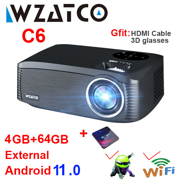 WZATCO C6 LED Projector Android 11.0 WIFI Full HD 1920*1080P 300inch Video Proyector Home Theater Cinema Smart Phone Beamer